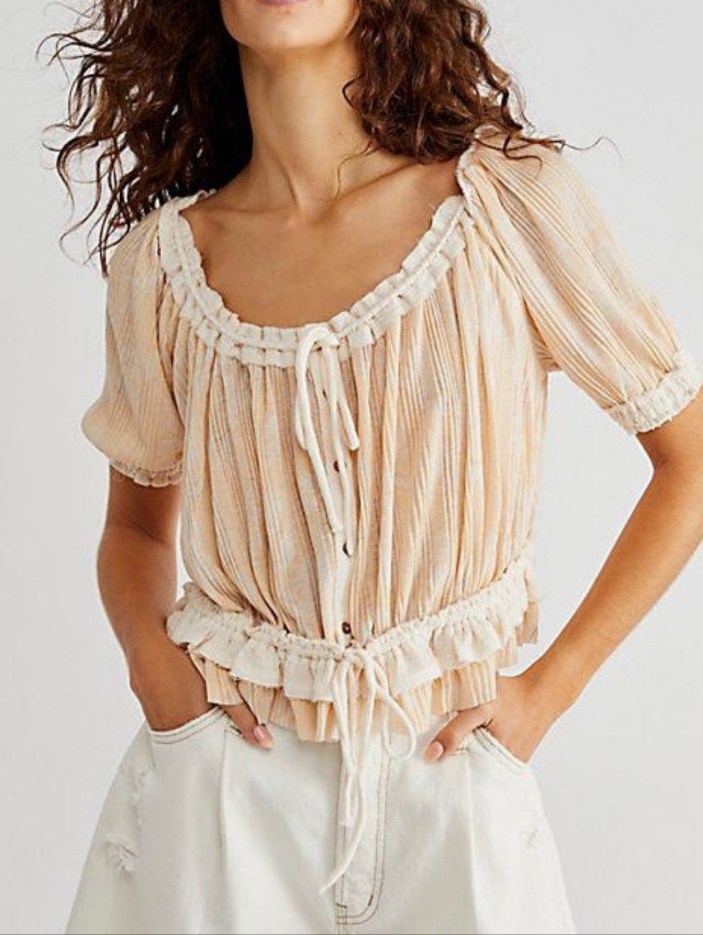 FREE PEOPLE Peasant Drawstring Peplum Top - Cream Peach